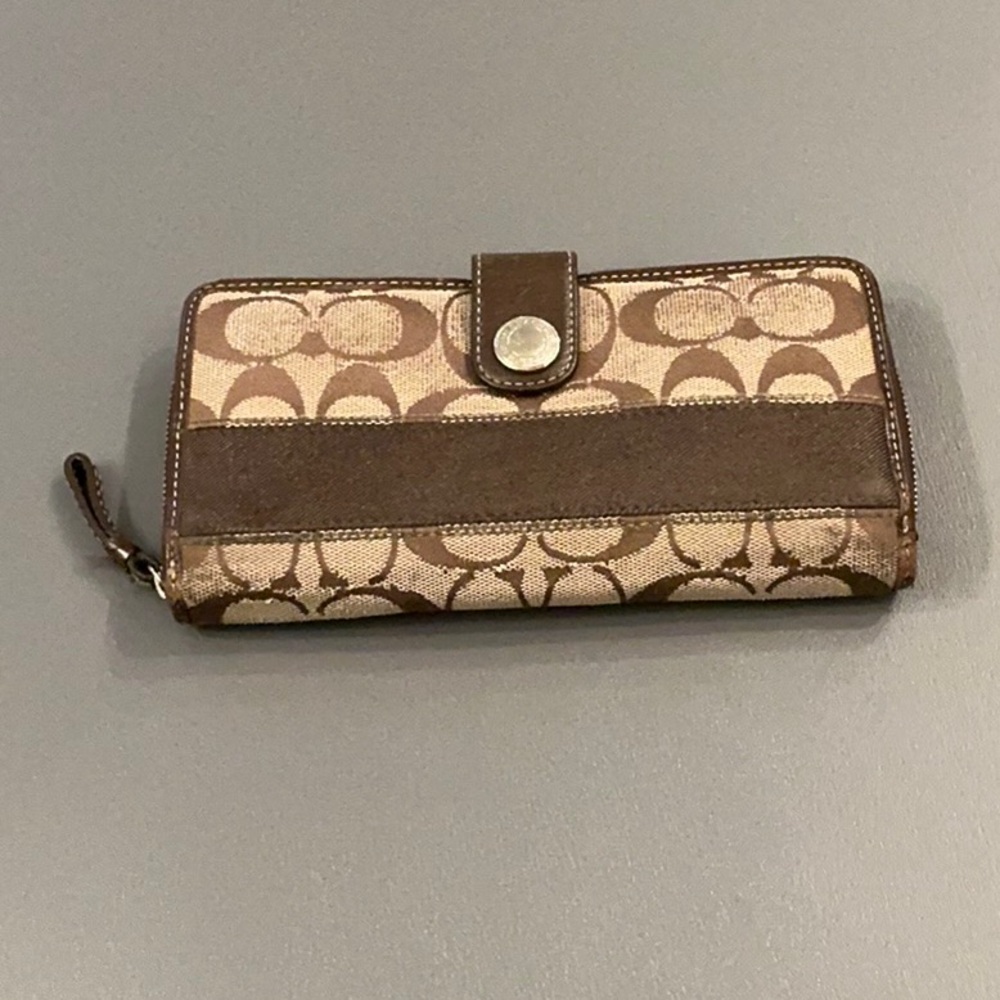 Coach Brown and Cream Signature Wallet with Leather Accents